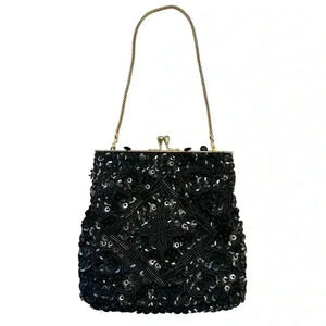 Vintage Small Black Sequin Beaded Mini Evening Bag Gold Chain Strap Wristlet